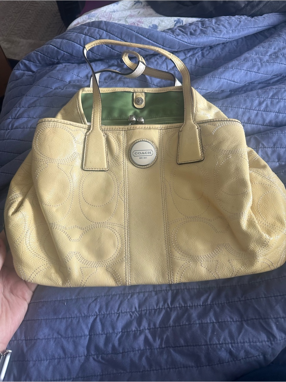 Coach Pale Yellow Leather Tote with Green Interior